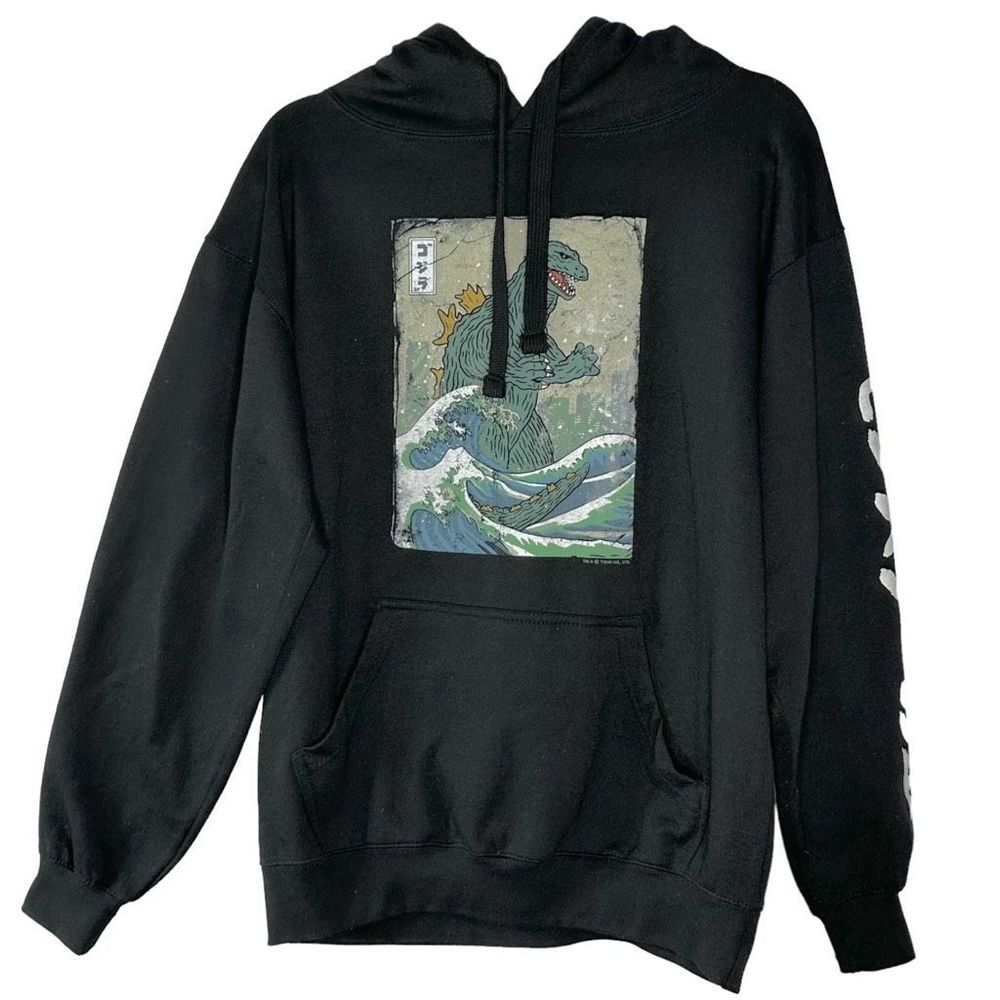 Milltex Godzilla in Waves Unisex Black Pullover Hoodie Size L Drawstring  EUC